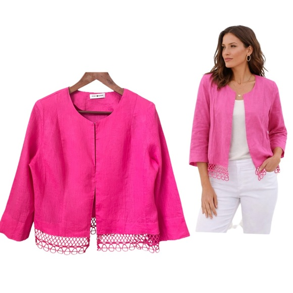 Punt Roma Jackets & Blazers - Punt Roma 100% Linen Blazer Jacket Sz 10 Pink 3/4 Sleeve Office Summer Feminine